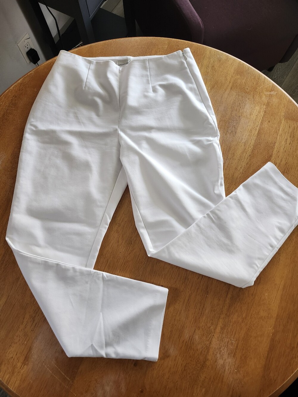 GUESS White Straight Leg Trousers Large Stretchy Tailored Side Zip, Clean Girl